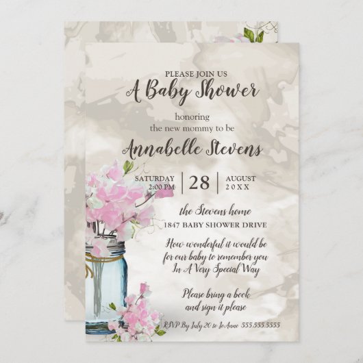 Baby shower PINK SWEET PEAS MASON JAR Kaart (Voorkant / Achterkant)