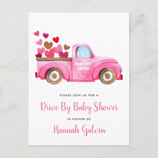 Baby shower Pink Truck Hearts Uitnodiging Briefkaart (Voorkant)