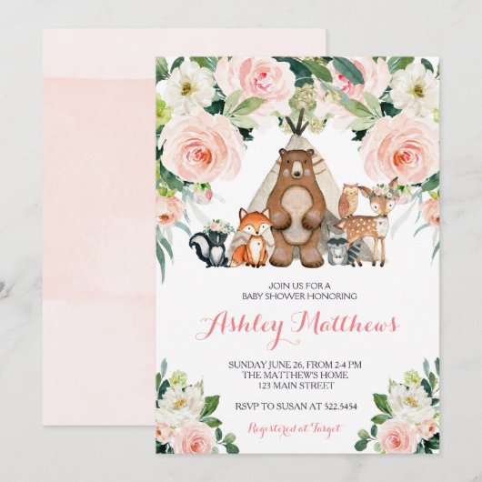 Baby shower Pink Woodland Kaart (Voorkant / Achterkant)