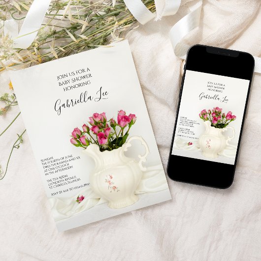 Baby shower  pitcher en roze rozen kaart