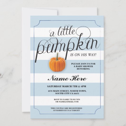 Baby shower Pompoen Blue Boy Stripe Oogst Uitnodig Kaart (Voorkant)