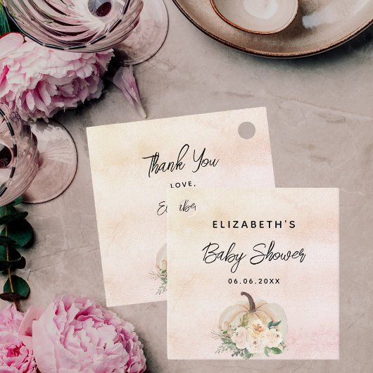 Baby shower pompoen herfst crème roos goud bedankjes labels