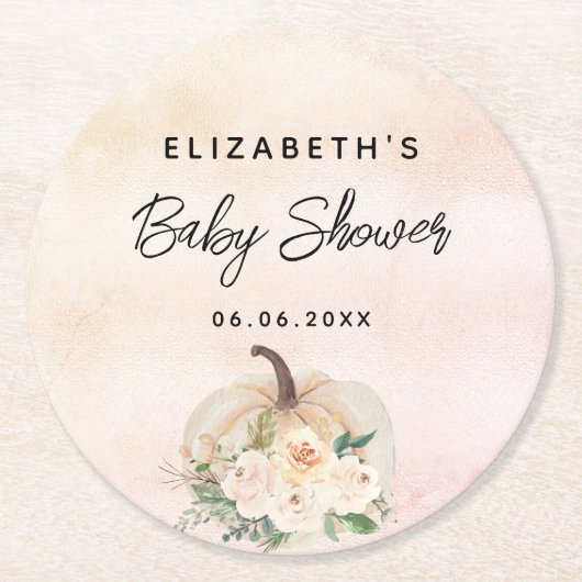 Baby shower pompoen herfst crème roze goud ronde kartonnen onderzetter (Voorkant)