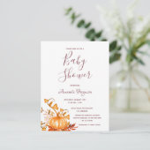 Baby shower pompoen herfst gouden witte uitnodigin briefkaart (Staand voorkant)