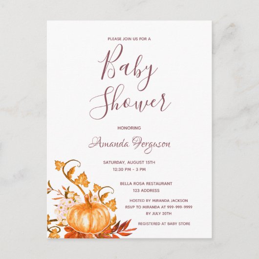 Baby shower pompoen herfst gouden witte uitnodigin briefkaart (Voorkant)