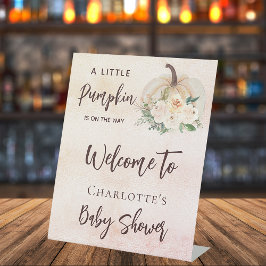 Baby shower pompoen op weg naar crème welkom reclamebord met voetstuk