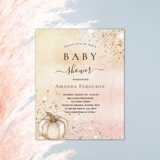 Baby shower pompoen roos goudbegroting uitnodiging flyer