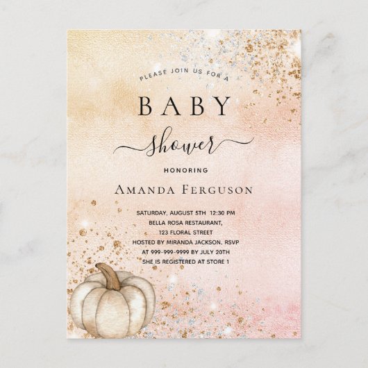 Baby shower pompoen roos goudglitter herfst uitnodiging briefkaart (Voorkant)