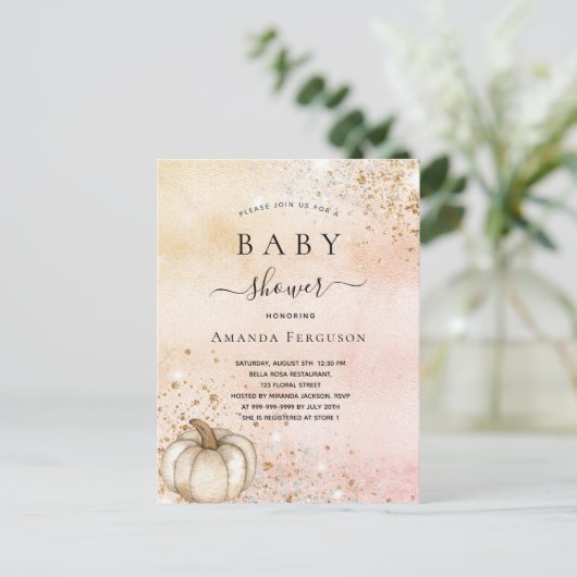 Baby shower pompoen roos goudglitter herfst uitnodiging briefkaart (Staand voorkant)