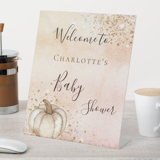 Baby shower pompoen roos goudglitter herfst welkom reclamebord met voetstuk (Insitu)