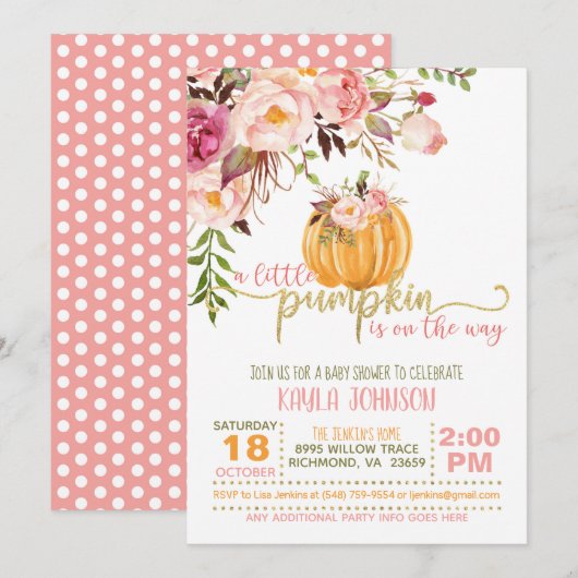 Baby shower pompoen Uitnodiging - Floral roze Stip (Voorkant / Achterkant)