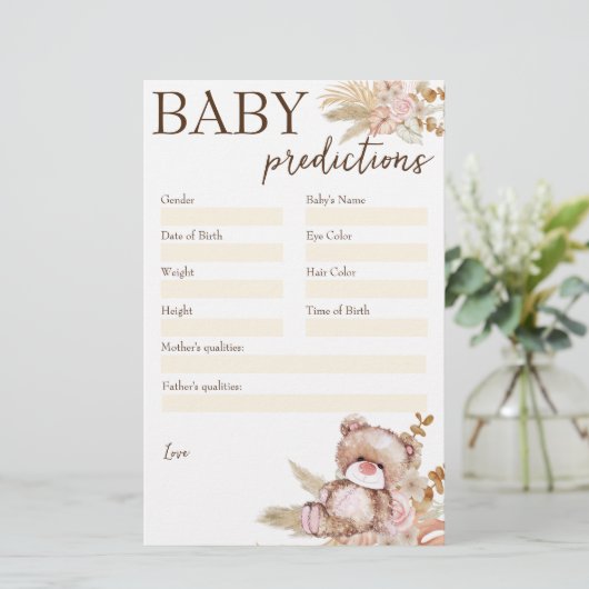 Baby shower prediction game teddy beer briefpapier (Staand voorkant)