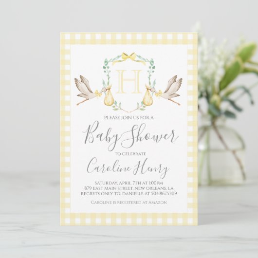 Baby shower Preppy Gingham Stork Neutraal Geel Kaart (Staand voorkant)