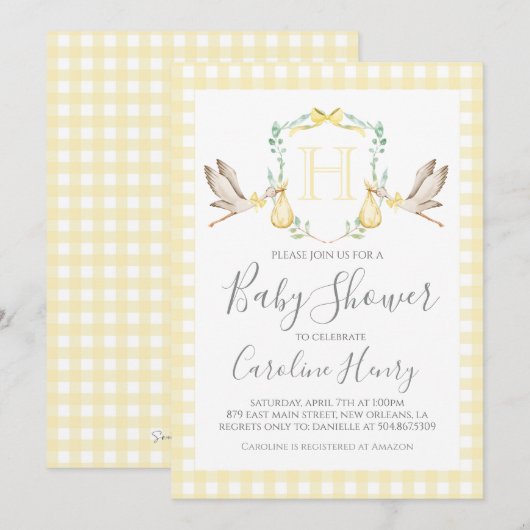 Baby shower Preppy Gingham Stork Neutraal Geel Kaart (Voorkant / Achterkant)