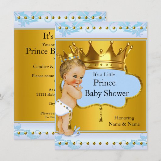 Baby shower Prince Boy Blue Gold Crown Blonde Kaart (Voorkant / Achterkant)