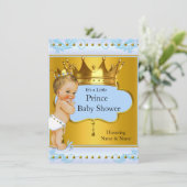 Baby shower Prince Boy Blue Gold Crown Blonde Kaart (Staand voorkant)