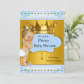 Baby shower Prince Boy Blue Gold Crown Blonde Kaart (Staand voorkant)