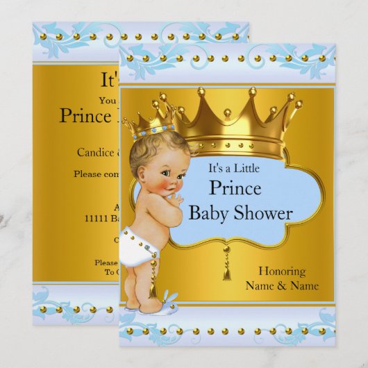 Baby shower Prince Boy Blue Gold Crown Blonde Kaart (Voorkant / Achterkant)