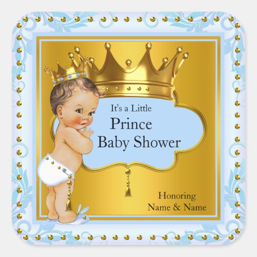 Baby shower Prince Boy Blue Gold Crown Brunette Vierkante Sticker (Voorkant)