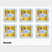 Baby shower Prince Boy Blue Gold Crown Brunette Vierkante Sticker (Vel)