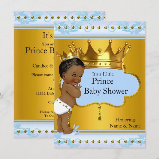 Baby shower Prince Cute Boy Blue Gold Crown Ethnic Kaart (Voorkant / Achterkant)