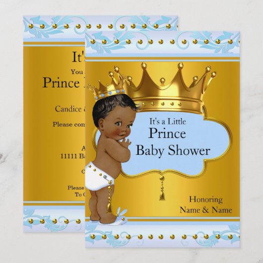 Baby shower Prince Cute Boy Blue Gold Crown Ethnic Kaart (Voorkant / Achterkant)