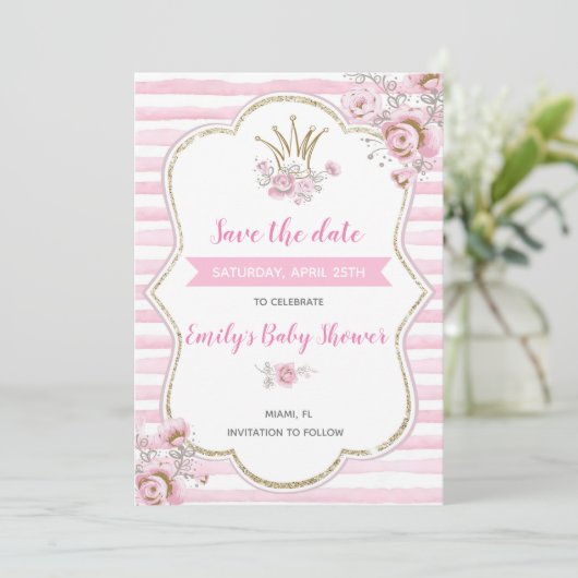 Baby shower Princess behalve de datum Save The Date (Staand voorkant)
