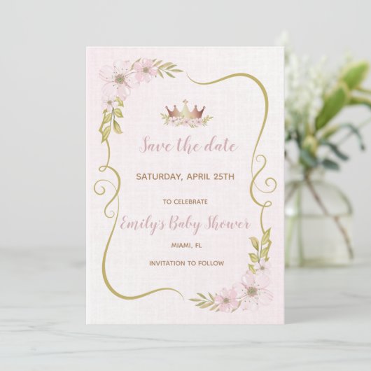Baby shower Princess behalve de datum Save The Date (Staand voorkant)