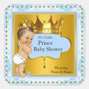 Baby Shower Prins Jongen Blauw Goud Kroon Bruinhar Vierkante Sticker