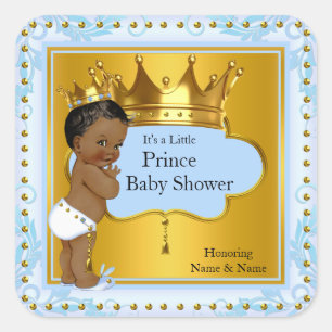 Baby Shower Prins Jongen Blauw Goud Kroon Etnisch Vierkante Sticker