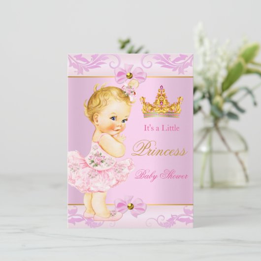 Baby shower Prinses Tiara Cute Girl Pink Blonde Kaart (Staand voorkant)