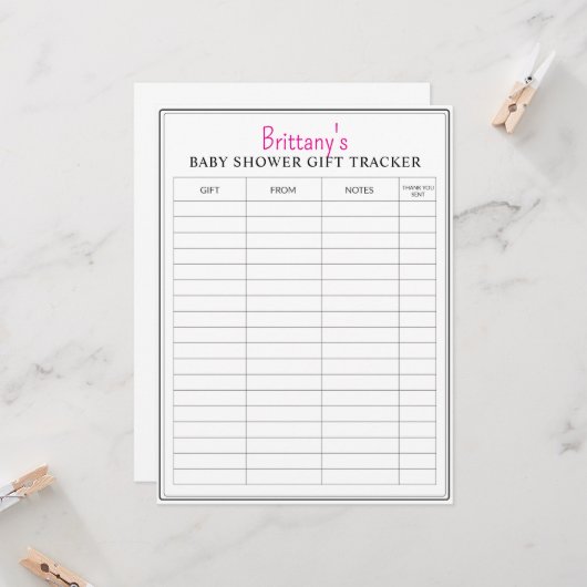 Baby shower Printable Gift Tracker Kaart (Voorkant / Achterkant in situ)