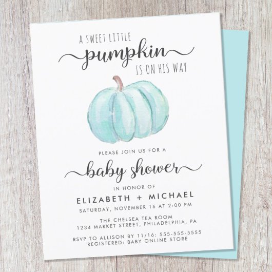 Baby shower Pumpkin Blue Waterverf Uitnodiging