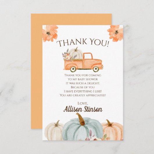 Baby shower Pumpkin Truck Bedankkaart (Voorkant / Achterkant)