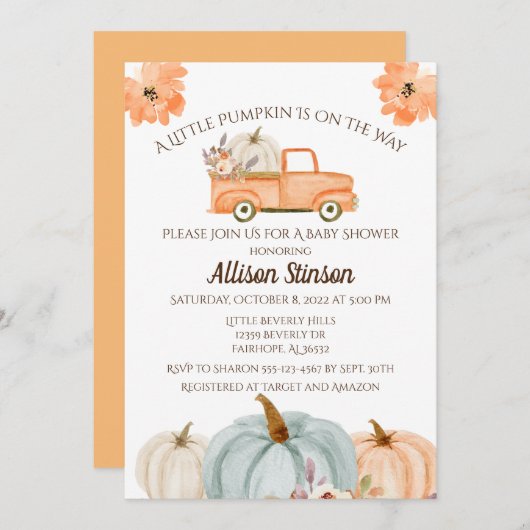Baby shower Pumpkin Truck Kaart (Voorkant / Achterkant)