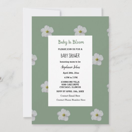 Baby shower QR Code Bloemen Bloem Sage Groen Schat Kaart (Voorkant)