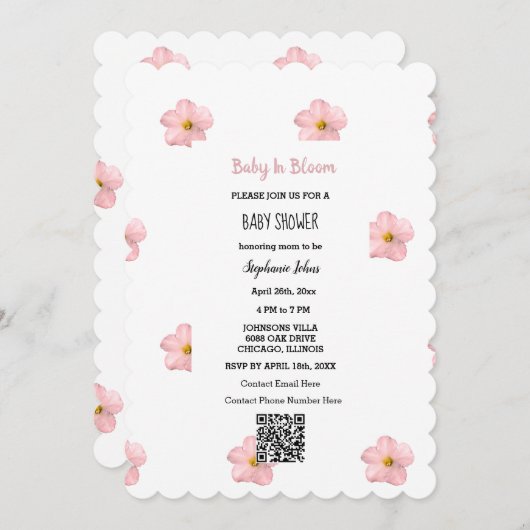 Baby shower QR Code Roze Bloemen Baby in Bloom Sch Kaart (Voorkant / Achterkant)
