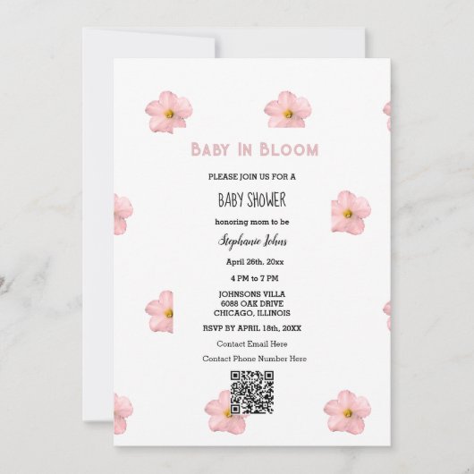 Baby shower QR Code Roze Bloemen Schattigee Baby i Kaart (Voorkant)