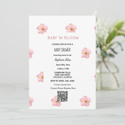 Baby shower QR Code Roze Bloemen Schattigee Baby i Kaart (Staand voorkant)