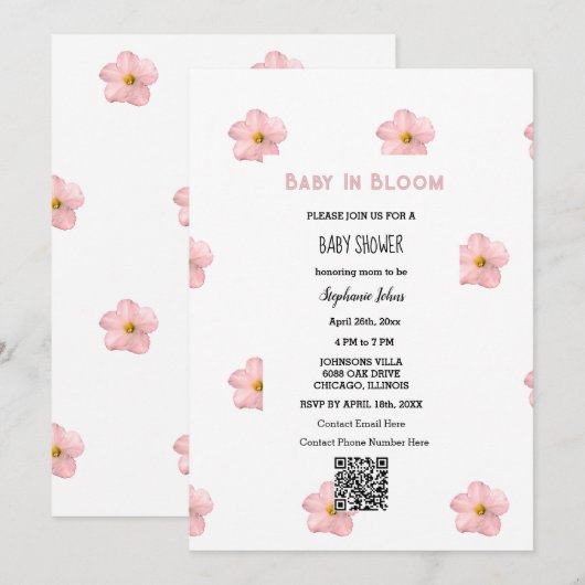 Baby shower QR Code Roze Bloemen Schattigee Baby i Kaart (Voorkant / Achterkant)
