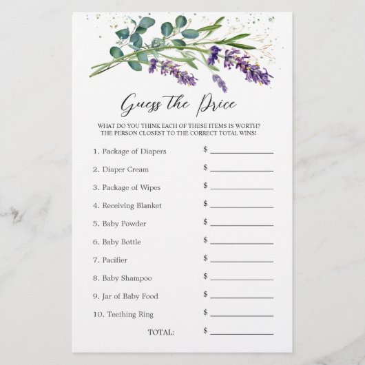 Baby shower Raad Prijs Spel Lavendel Eucalyptus Briefpapier (Voorkant)