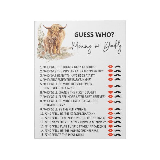 Baby shower raad wie de koe van Highland is Notitieblok (Linkerzijde)