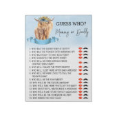 Baby shower raad wie hoogland koe blauw notitieblok (Linkerzijde)