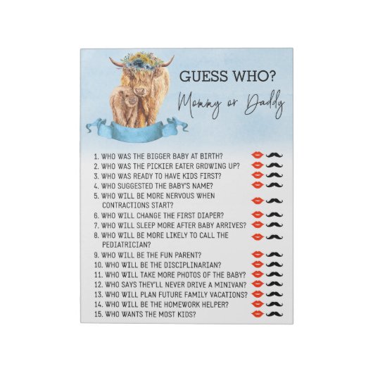 Baby shower raad wie hoogland koe blauw notitieblok (Linkerzijde)