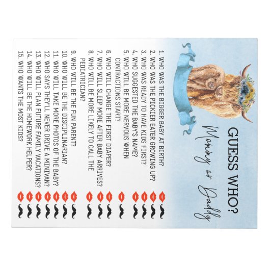 Baby shower raad wie hoogland koe blauw notitieblok (Voorkant)