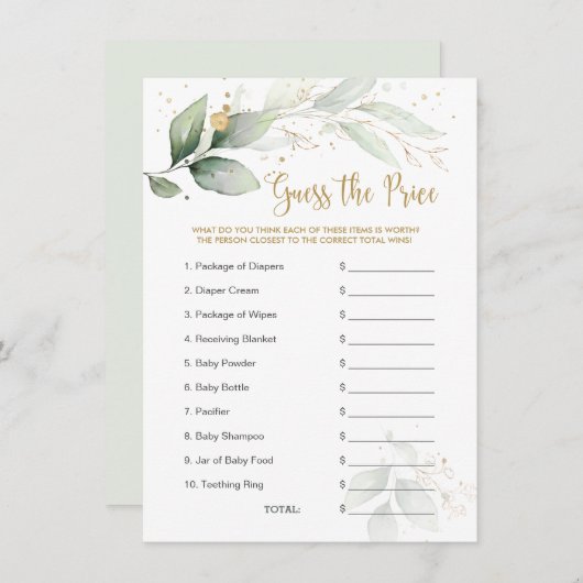 Baby shower raadt de 'Price Game Greenery Foliage' (Voorkant / Achterkant)