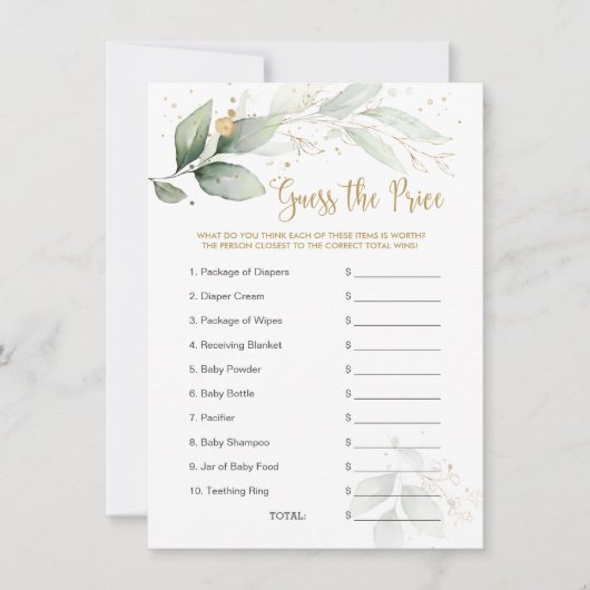 Baby shower raadt de 'Price Game Greenery Foliage' (Voorkant)