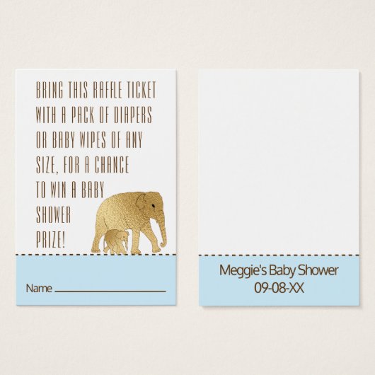 Baby shower Raffle Ticket Elephant Gold Blue Visitekaartje (Voorkant /achterkant)