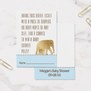 Baby shower Raffle Ticket Elephant Gold Blue Visitekaartje