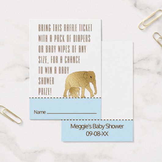 Baby shower Raffle Ticket Elephant Gold Blue Visitekaartje (Kantoor)